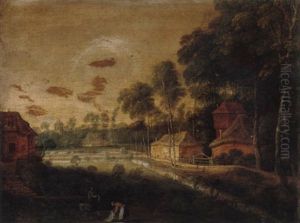 A Village Scene With Figures Bleaching Linen In The Foreground, A Waggoner Beyond