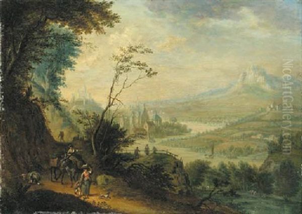 An Extensive River Landscape With Travelers On Path, A House And Church Beyond - view 1