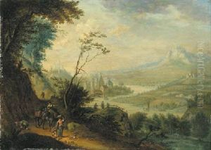 An Extensive River Landscape With Travelers On Path, A House And Church Beyond by Peter Gysels