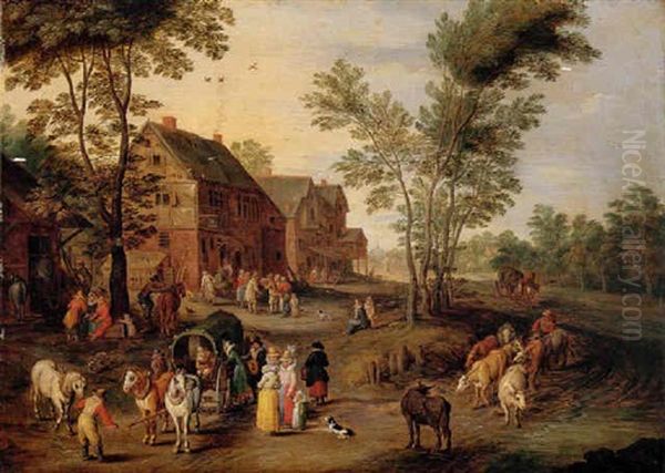 A Village Scene With A Wagon And Elegant Figures Halted Near An Inn - view 1