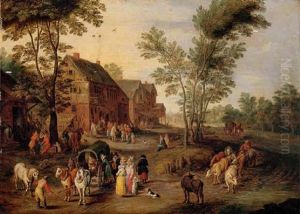 A Village Scene With A Wagon And Elegant Figures Halted Near An Inn