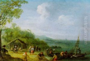 Fluslandschaft Mit Booten Und Vielen Figuren Fluslandschaft Mit Booten Und Vielen Figuren