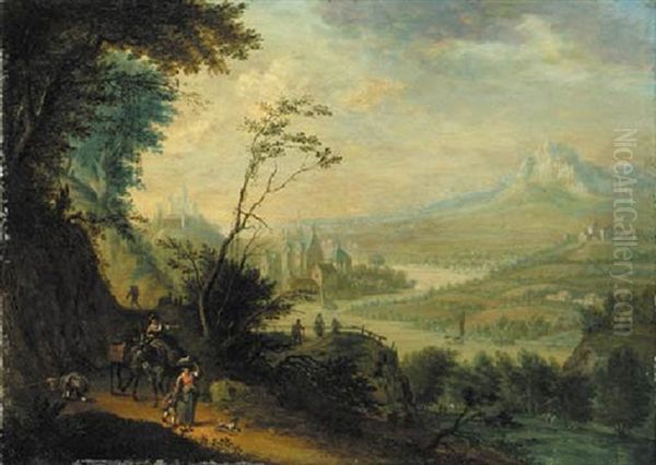 An Extensive River Landscape With Travellers On Path, A House And Church Beyond - view 1