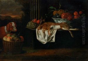 A Hare, Grapes And Plums With A Bowl Of Apples, Grapes, Figs And Apricots by Peter Gysels