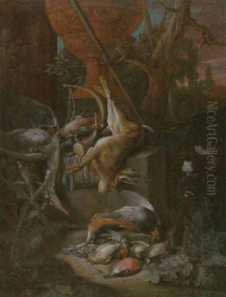 A Game Still Life Of A Hung Hare, A Brace Of Birds, A Shotgun, A Hunting Horn And Other Objects, All On A Stone Plinth, Set In A Landscape - view 1