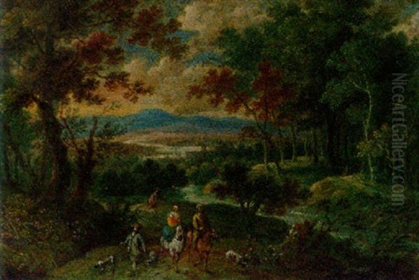 A Wooded Mountainous Landscape With Travellers On Horseback With Hunting Dogs - view 1