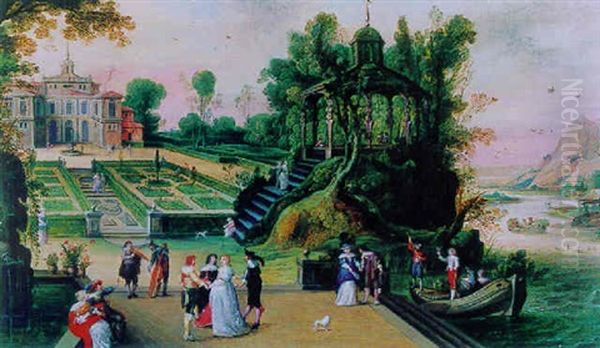 Parklandschaft Mit Gesellschaft Und Blick Auf Ein Schloss - view 1