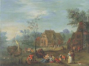A Village Scene With Boats On A River, Peasants And Elegant Figures Resting In The Open Air