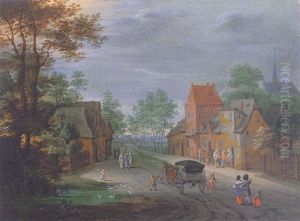 A Village Scene With A Horsedrawn Cart On A Track, Figures Following On Behind And Others Beyond Outside Inn by Peter Gysels