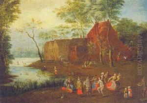 A River Landscape With Peasants Dancing Outside A Village by Peter Gysels