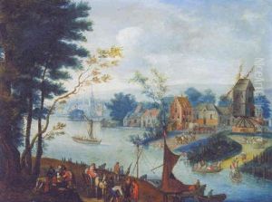 A River Landscape With Peasants At A Landing Stage, A Town Across The River Beyond