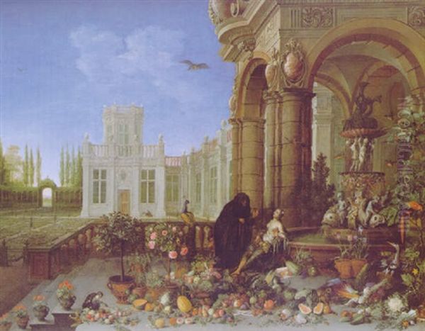Vertumnus Und Pomona Bei Einem Steinernen Brunnen Auf Derterrasse Eines Prachtigen Schlosses Inmitten Einer Uppigen Fulle Von Blumen, Fruchten Und Feldfruchten - view 1