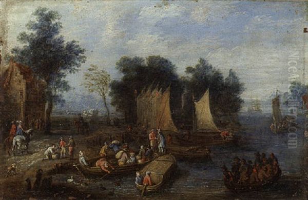 A Wooded River Landscape With Villagers Unloading Ferries By A Quay - view 1