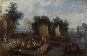 A Wooded River Landscape With Villagers Unloading Ferries By A Quay