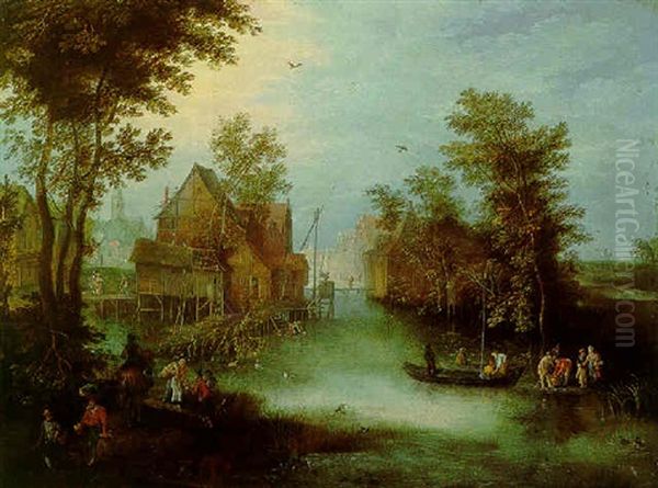 A River Landscape With Fishermen, Washerwomen And Travellers, A Village Beyond - view 1