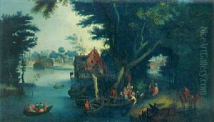A Wooded River Landscape With Figures Boating By A Village A Wooded River Landscape With Figures Boating By A Village