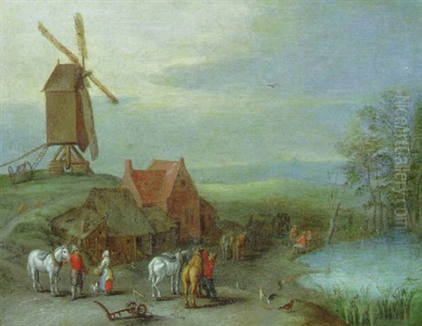 A Landscape With A Windmill And Peasants And Horses By A Pool - view 1