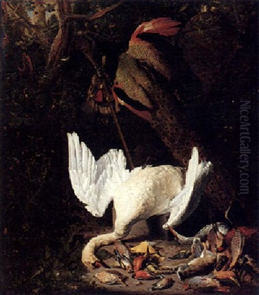 Still Life Of Dead Game, A Hung White Swan, A Peacock, And Other Birds All In A Landscape - view 1