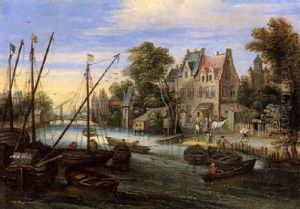 Handels Und Fischerboote Auf Einem Kanal, Rechts Ein Dorf