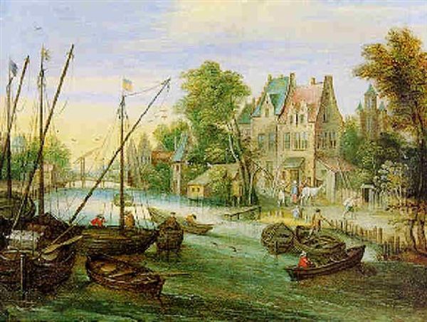 Handels- Und Fischerboote Auf Einem Kanal, Rechts Ein Dorf - view 1
