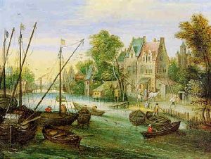 Handels- Und Fischerboote Auf Einem Kanal, Rechts Ein Dorf by Peter Gysels