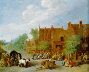 A Village Street With Peasants Carousing And A Wagon At A Stall