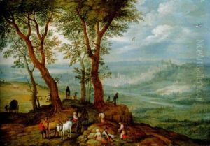 An Extensive Landscape With Peasants And Wagons On A Wooded Hilltop