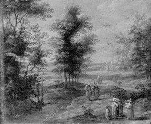 Peasant Women Returning From Market In A Landscape, At Sunset by Peter Gysels