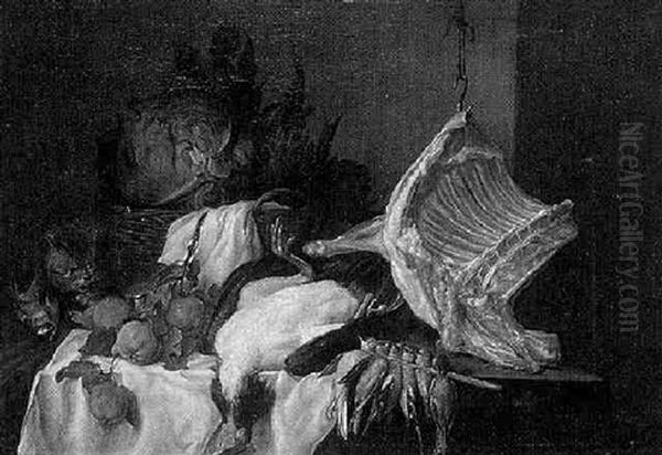 Nature Morte Au Panier De Legumes, A La Piece De Boeuf, Aux Grives, Au Dindon, A La Branche De Coing Et Au Chat - view 1
