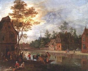 A Ferry Loaded With Passengers And Livestock On A Canal Running Through A Village