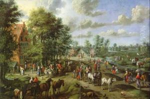 Flaemisches Dorf An Einem Fluss Mit Bauern, Reisenden In Planwagen, Marktfahrern Und Vornehmen Besuchern...