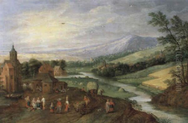 Dorf An Einem Fluss Mit Bauern Und Karren - view 1