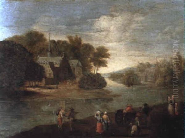 A River Landscape With Peasants On A Bank, A Church Beyond - view 1