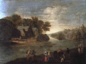 A River Landscape With Peasants On A Bank, A Church Beyond A River Landscape With Peasants On A Bank, A Church Beyond