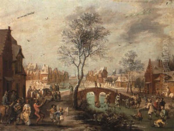 A Winter Landscape With A Village Near A Frozen River - view 1