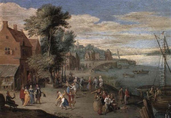 River Landscape With Gentry And Peasants Dancing On A Quay - view 1