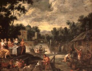 The Grounds Of A Villa With Figures Feasting, Gardeners And Elegant Figures Boating Beyond