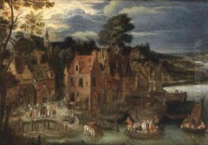 Scene De Village Animee, Pres D'une Riviere by Peter Gysels