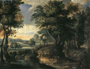 Waldlandschaft Mit Einem Pferdefuhrwerk Und Reitern Waldlandschaft Mit Einem Pferdefuhrwerk Und Reitern