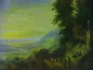 An Extensive Hilly Landscape With Figures On A Road by Peter Gysels