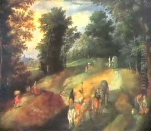Travellers On A Wide Road In A Wooded Landscape Travellers On A Wide Road In A Wooded Landscape
