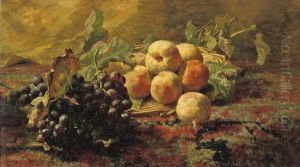 Blue Grapes And Peaches In A Wicker Basket by Geraldine Jacoba Van De Sande Bakhuyzen