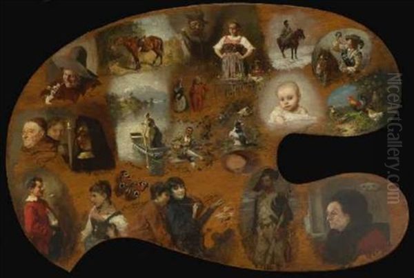 Kunstlerpalette Mit Einer Kunstlerin Mit Palette Und Verschiedenen Darstellungen Von Anderen Kunstlern (collab. W/various Other Artists) - view 1