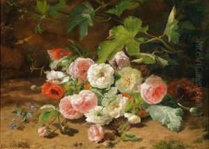 Rosenstuck Am Waldbodenmit Kafer Und Schmetterling by Geraldine Jacoba Van De Sande Bakhuyzen