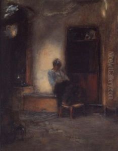 A Woman Sewing Beside A Doorway by Nikolaus Gysis