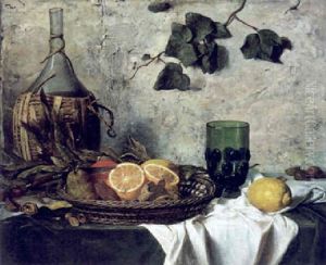 Stilleben Mit Weinflaschen Und Korb Mit Herbstlichen Fruchten