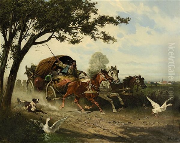 Dreispanniger Zigeunerwagen In Rasanter Fahrt - view 1