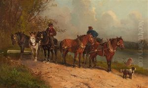 Treidler Mit Ihren Pferden Am Flussufer by Hans (Johann) Haag