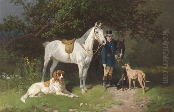 Reiter Mit Zwei Pferden Und Hunden - view 1