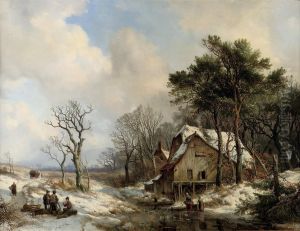 Figures On A Frozen Stream On The Outskirts Of A Village